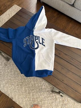 NFL STAPLE Colts Colorblock Hoodie Men’s Large Size Blue White Fleece Lined VTG
